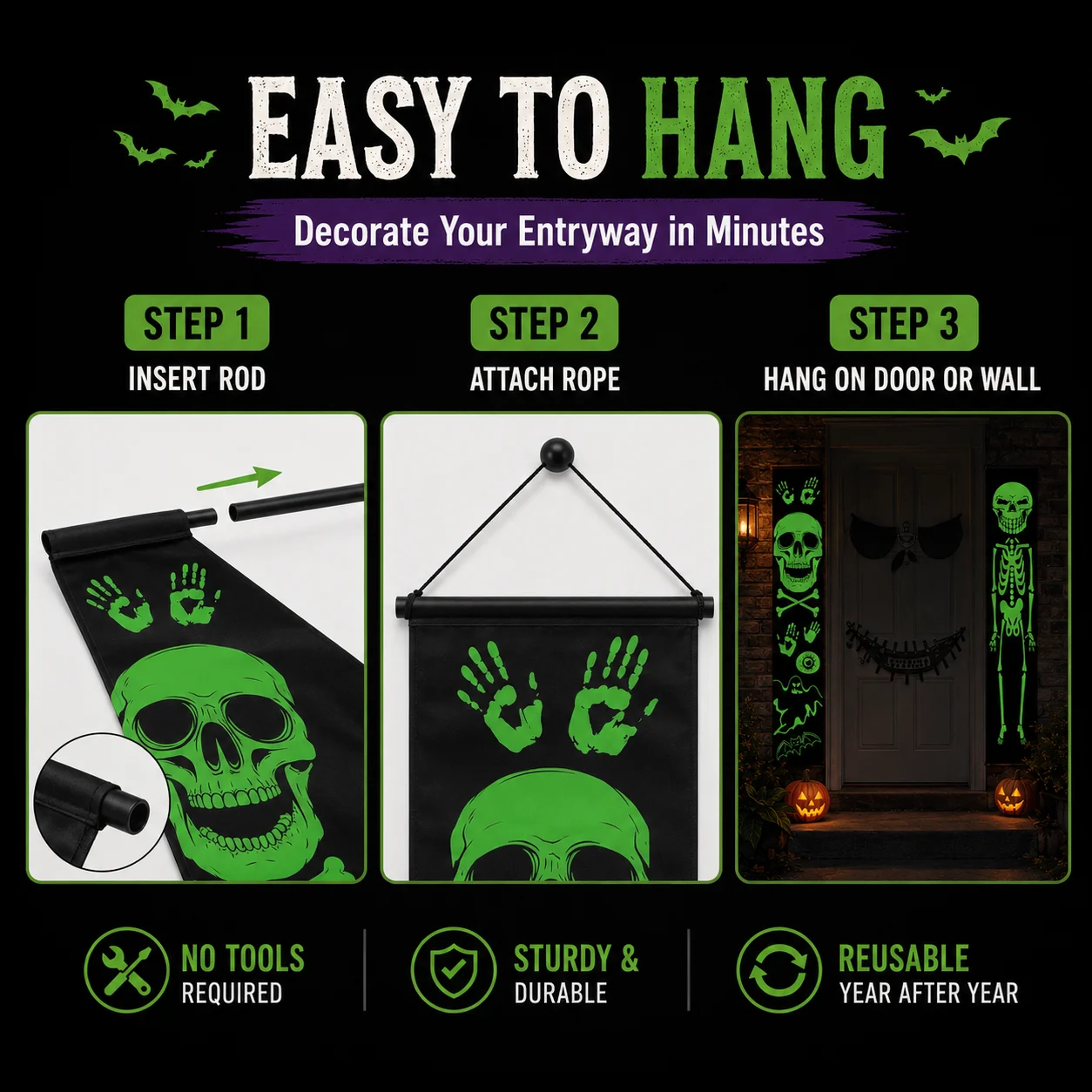 어두운 곳에서 빛나는 할로윈 현관 장식용 배너 2개,  - Halloween Skeleton Decoration 리뷰 및 가격