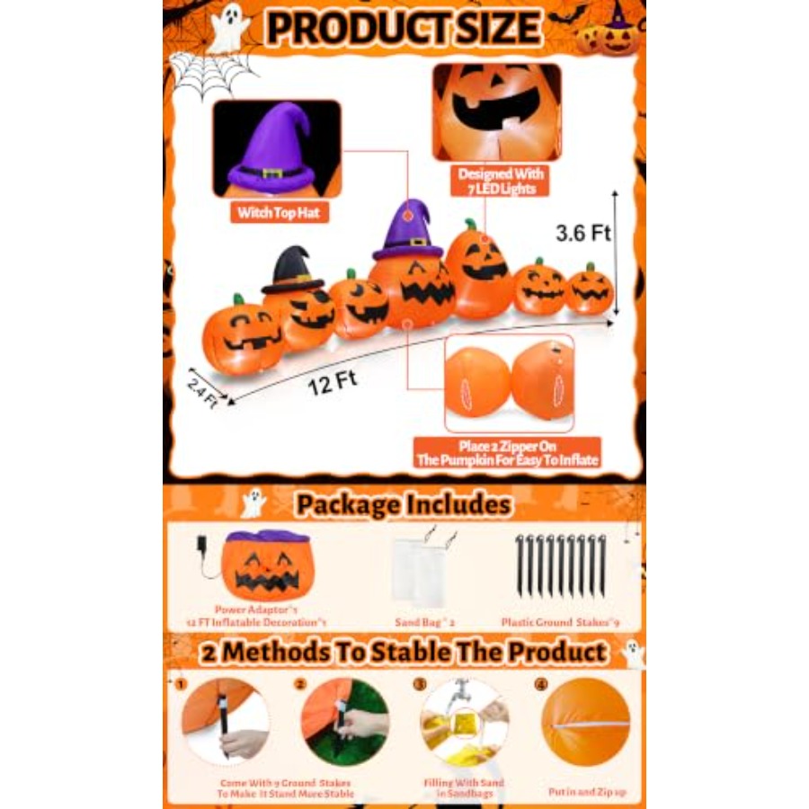 실외용 할로윈 장식용 풍선 호박, 높이 12피트, 주황 - Halloween Pumpkin Decor Led 리뷰 및 가격